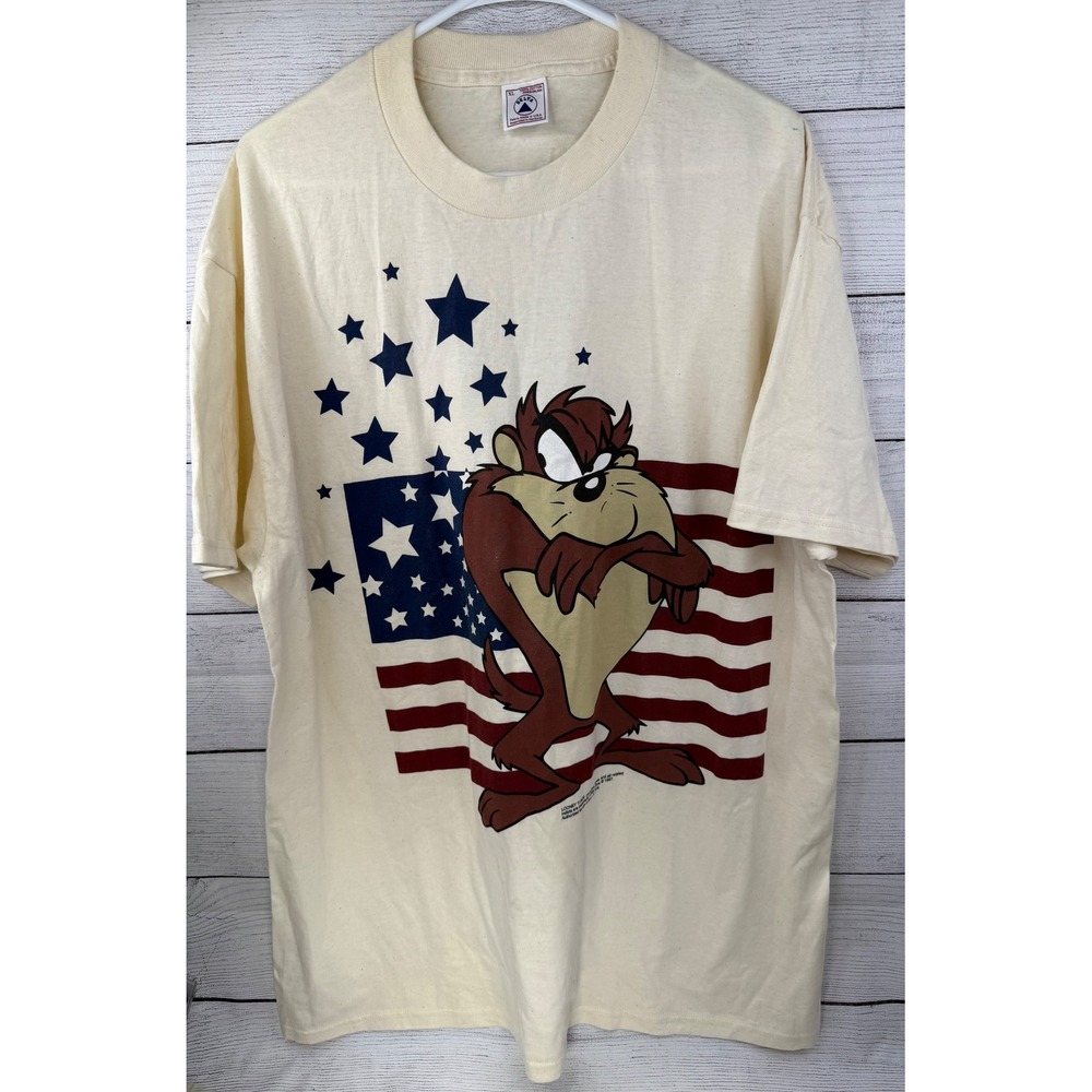 Vintage Looney Tunes Taz‎ American Flag Graphic T Shirt XL Cotton USA Made